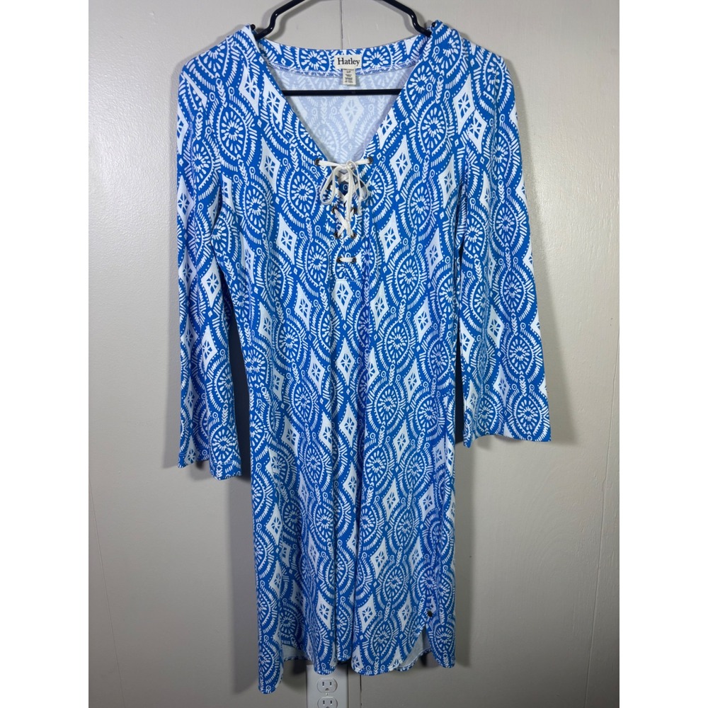 Hatley Geometric Lace Up V-Neck Long Sleeve Tunic Dress S Nautical Coastal